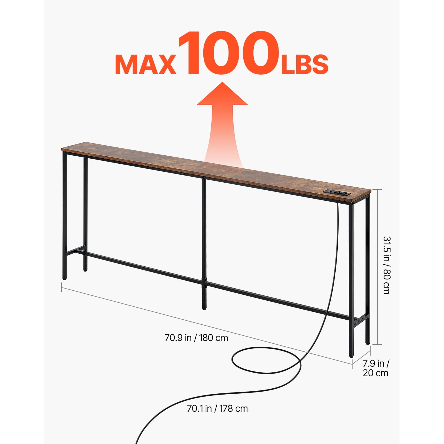 KFFKFF 70.9" Console Table, Entryway Table with 2 Sockets and 2 USB Ports, Adjustable Feet, Modern Long Narrow Console Table for Hallway Living Room
