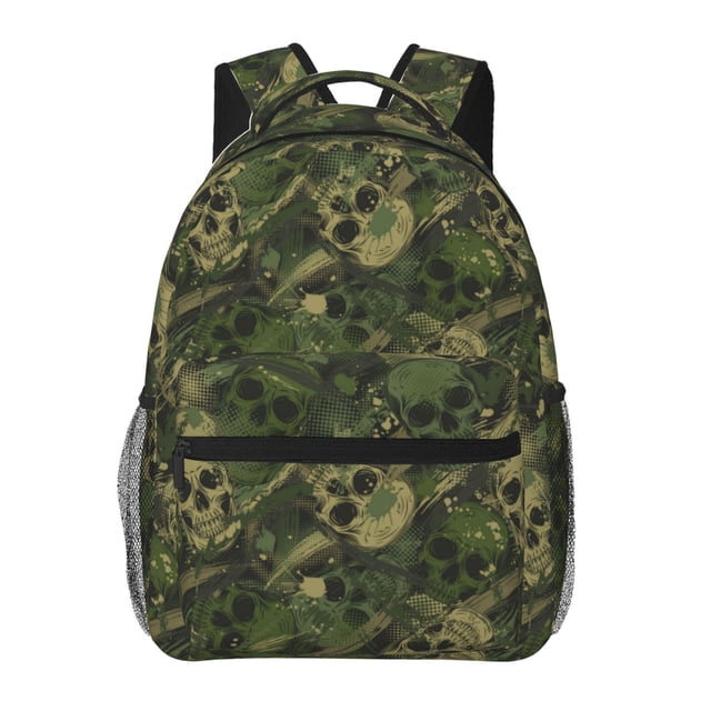 Easygdp Green Camouflage Skull Mochila Ergonómica Versátil para Laptop - Múltiples Bolsillos, Correas Ajustables, Unisex para Escuela, Viajes y Actividades al Aire Libre-One Size