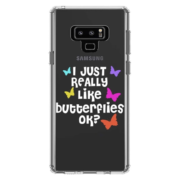 DistinctInk Clear Shockproof Hybrid Case for Samsung Galaxy Note 9 - TPU Bumper Acrylic Back Tempered Glass Screen Protector - I Just Really Like Butterflies
