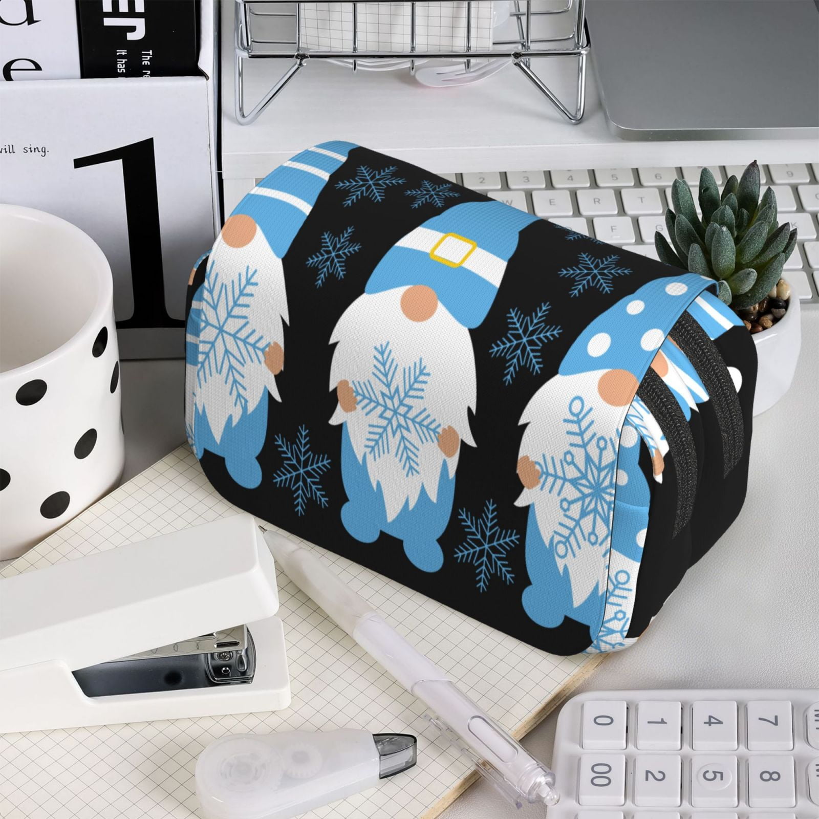 Rateoe Christmas Gnome Snowflake Pattern Double Clamshell Pen Case, Storage Organizer with Two Zipper Compartments– Holds Up to 50 Pencils & Pens