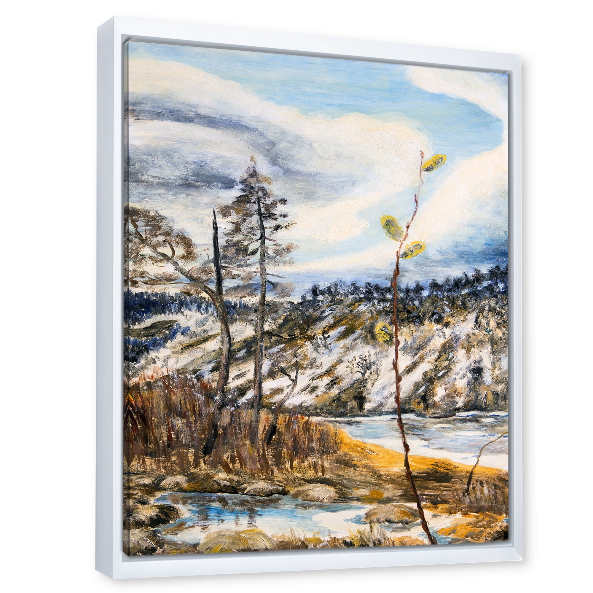 Designart 'The Cloudy Sky and The River With Spring Landscape' Lake House Framed Canvas Wall Art Print