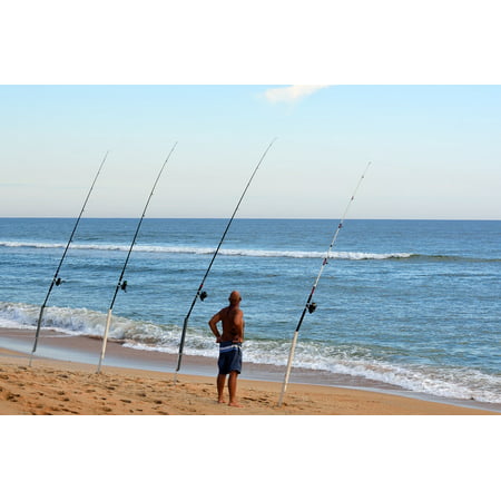 Canvas Print Sand Spike Surf Fisherman Ocean Fishing Poles Stretched Canvas 10 x