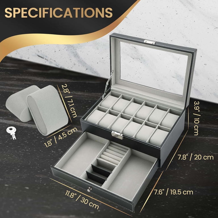 12-Slot Watch Box for Men Women, Lockable Watch Case with 
