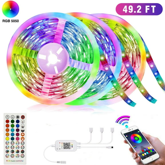 LED Room Lights Music Sync Color Changing Light Strip with Remote Controller,50ft 450 LEDS Waterproof RGB Tape Lights with 12V ETL Listed Adapter for bedrooms,Kitchen, bar