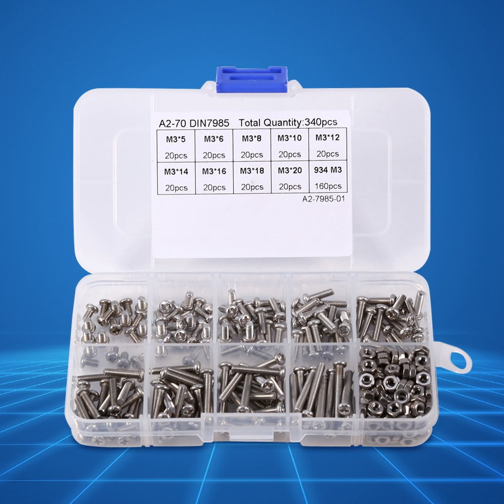 Coffret 340 Pièces Vis écrous Boulons M3 En Acier Inoxydable A2 - Assortiment Hexagonale