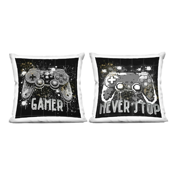 Stupell Industries Never Stop Modern Gamer 18" x 18" Entertainment Abstract Polyester Decorative Pillow Set, Zip Closure 2 Count