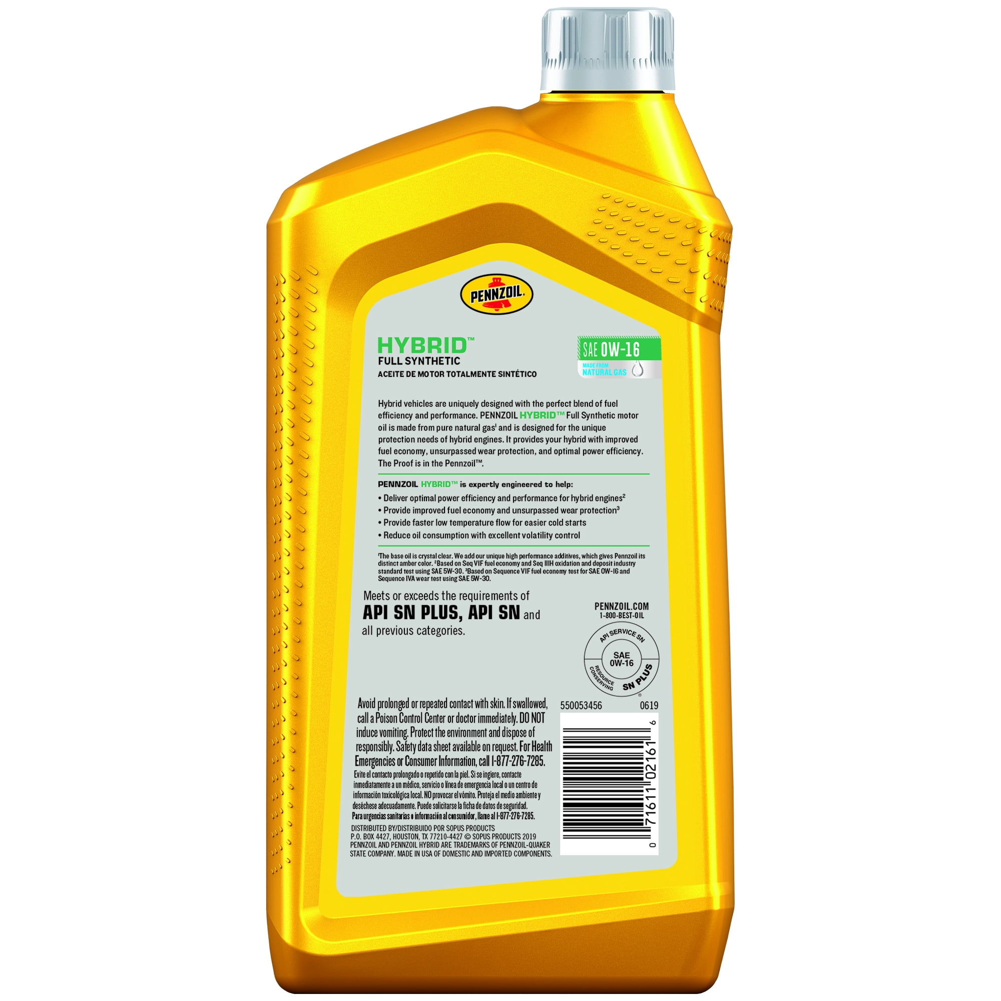 Pennzoil Hybrid Full Synthetic 0w 16 Motor Oil 1 Quart Single Pack Walmart Com Walmart Com