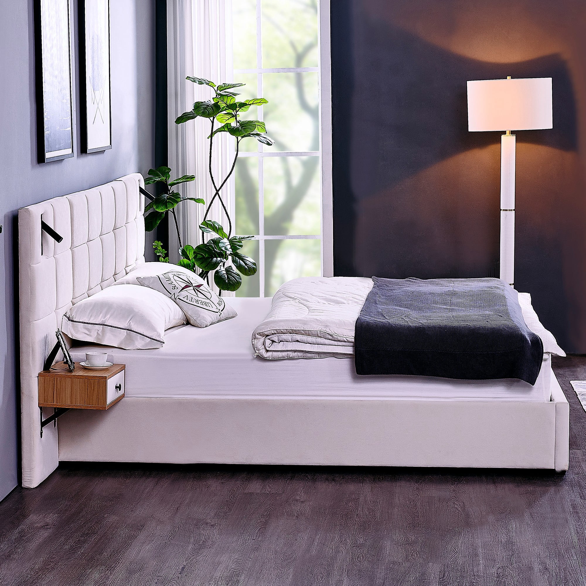 Aukfa King Size Upholstered Bed Frame with Drawers and LED Lights, Hydraulic Platform Bed with USB Port & Oversize Wingback Headboard, Beige
