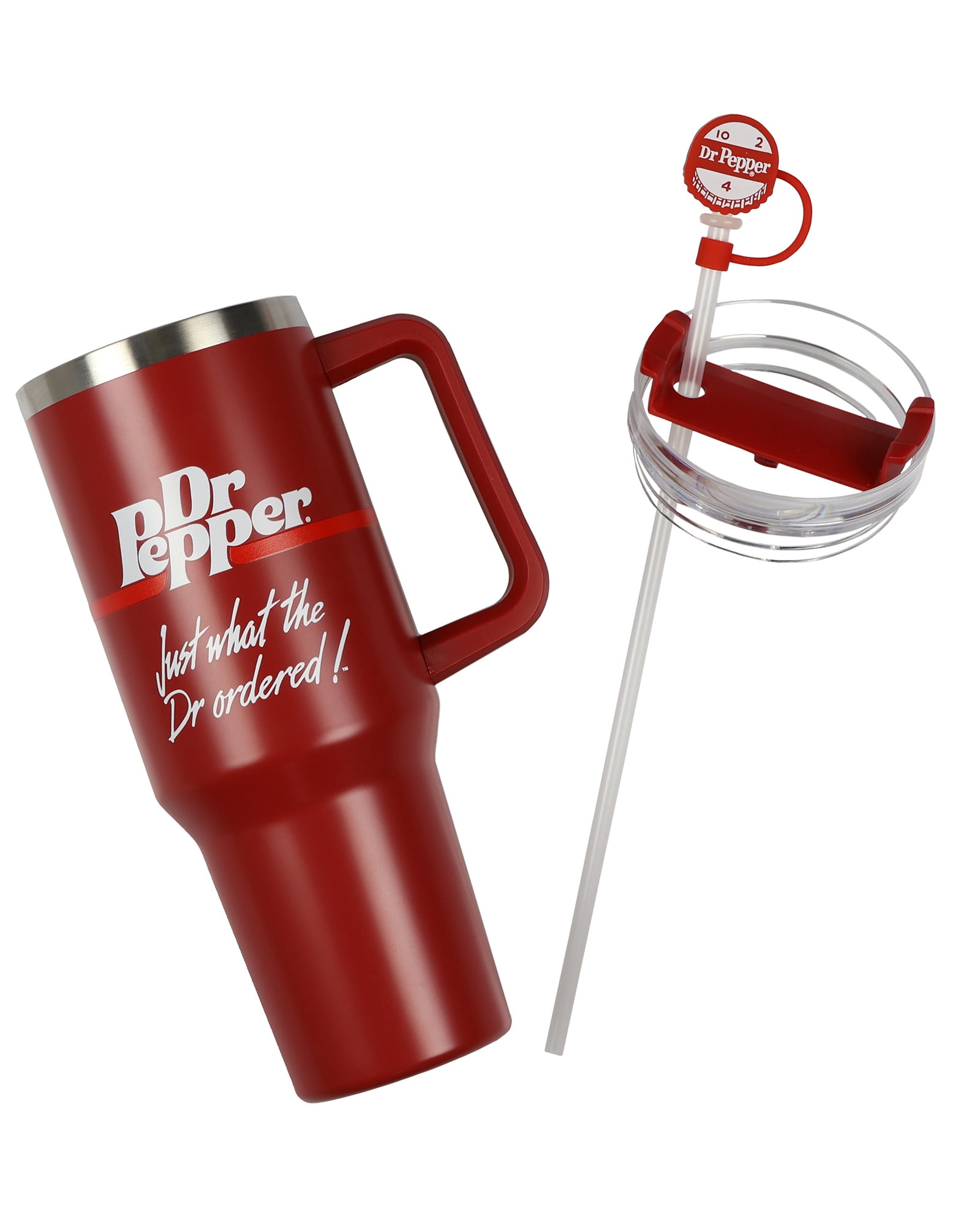Dr Pepper 30-oz Stainless Steel Tumbler Cup Set with Handle Straw Cover Topper Retro Logo Keychain Insulated Travel Mug