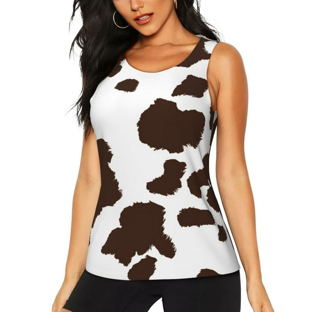 Fotbe Brown Cow Blusas Sin Mangas para Mujer – Estilo Casual, Corte Suelto, Slim-Fit, Cuello Redondo Deportivo, Tops de Verano para Gimnasio y Yoga-Medium