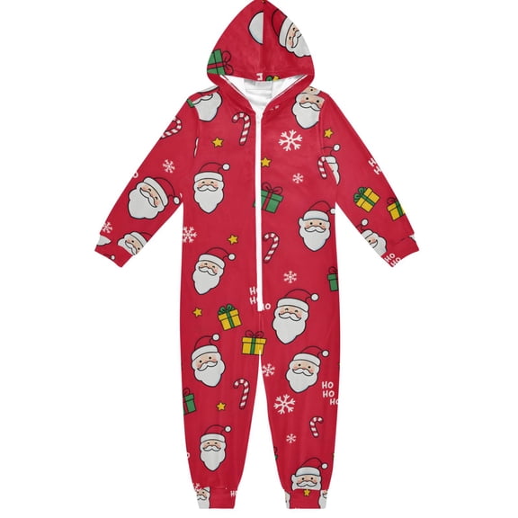 Red Background Santa Clauss Boys & Girls Hooded One-Piece Pajamas Warm Crystal velvet Hooded Long Sleeve Loungewear Jumpsuit Unisex