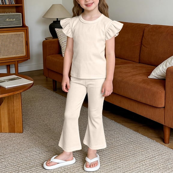 Amidoa Girls Summer 2 Piece Outfits Kids Ruffle Sleeve T-Shirt and Cute Casual Pants Clothing Sets Beige Size 7