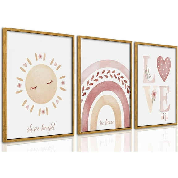Hieng Nursery Canvas Wall Art Boho Cute Kids Room Pictures Wall Decor Pink Sun Rainbow Hearts Posters Painting Prints For Children Toddlers Baby Girl Bedroom Girls Room(Only canvas)