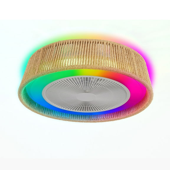 21" Modern Rustic Fandelier with RGB LED Light, Rope Woven Ceiling Fan, Quiet 6-Speed Reversible DC Motor, Semi Flush Mount for Bedroom, Living Room, Dining Room