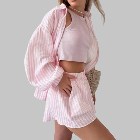 MAIHAN Linen Set Women Long Sleeve Shirt and Ruffle Shorts Women 2 Piece Outfits Sets Casual Summer Travel Outfits for Women Two Piece Outfit