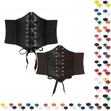 Jinhomg 2pcs Corset Belt for Women PU Leather Lace Up Elastic Waist Belt Tied Waspie Corset Belts Halloween Costume Cinch Waist Belts Deals of The Day Clearance Coffee Free Size