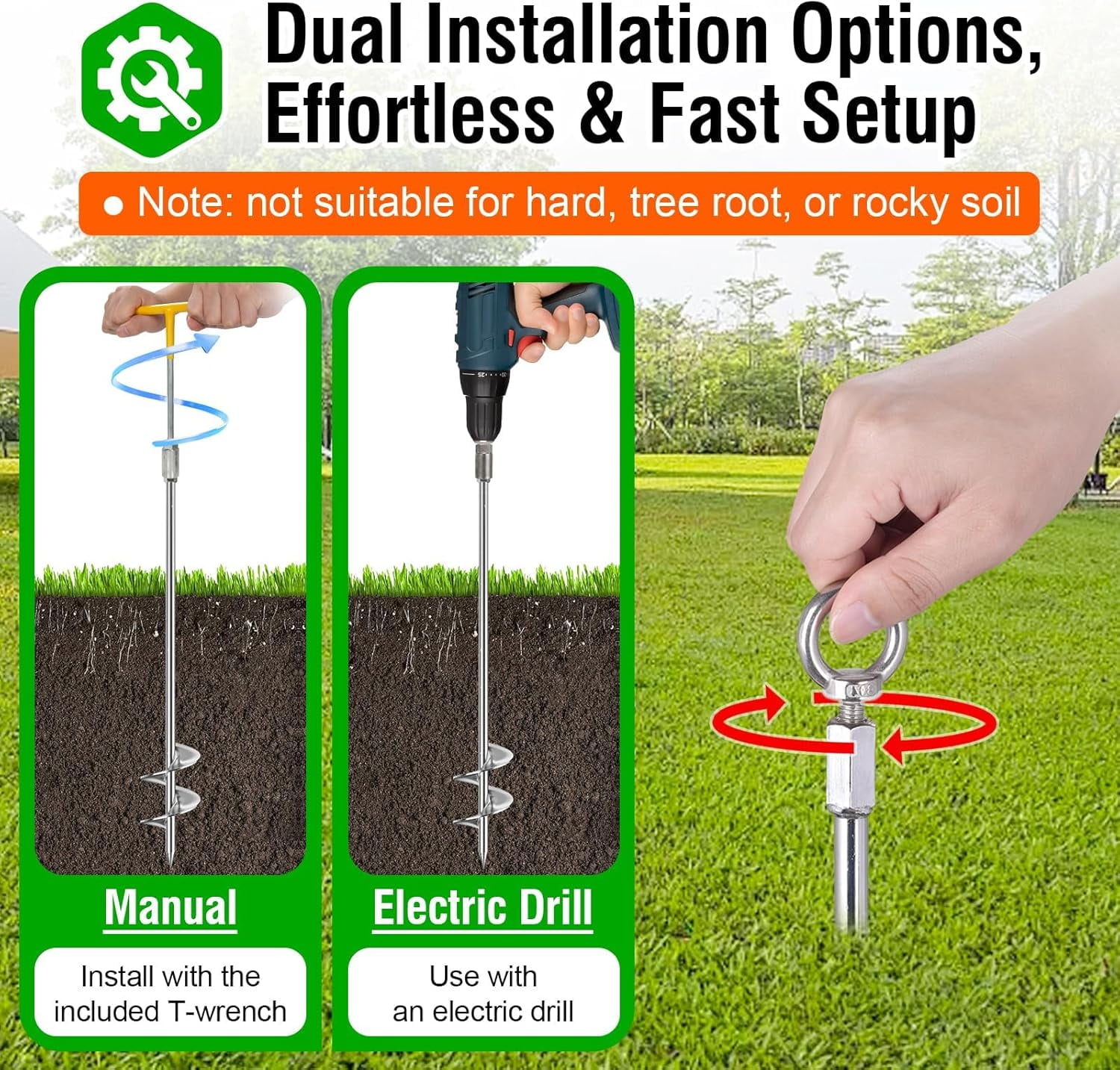 Heavy Duty Ground Anchors 4 Pack with T-Wrench - Solid Steel  Stakes for Tents Sheds