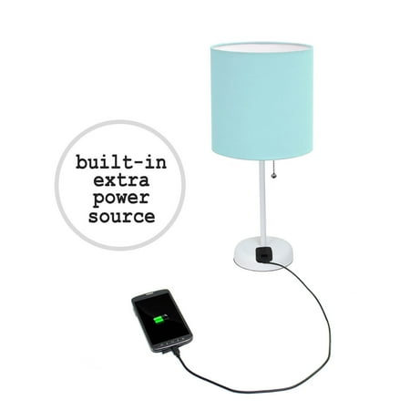 Limelights - Stick Lamp with Charging Outlet and Fabric Shade - White/Aqua