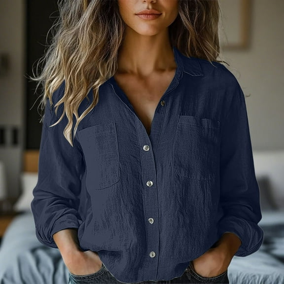 Tittly Button Down Shirts Womens Shirts Womens Cotton Linen Button Down Shirt Spring Casual Long Sleeve Shirts Loose Work Tops Long Sleeve Shirts for Women Tshirts Shirts Navy M