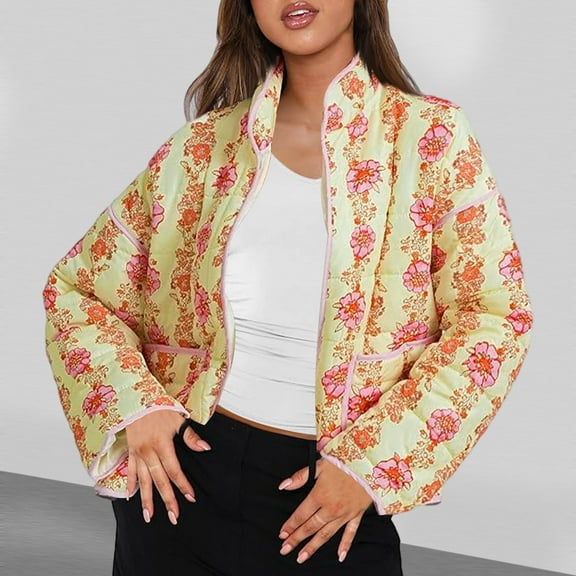 Jinhomg Women's Quilted Puffer Jacket Lightweight Floral Print Padded Coat Fall Winter Comfy Open Front Puffy Cardigan Outwear Pink L