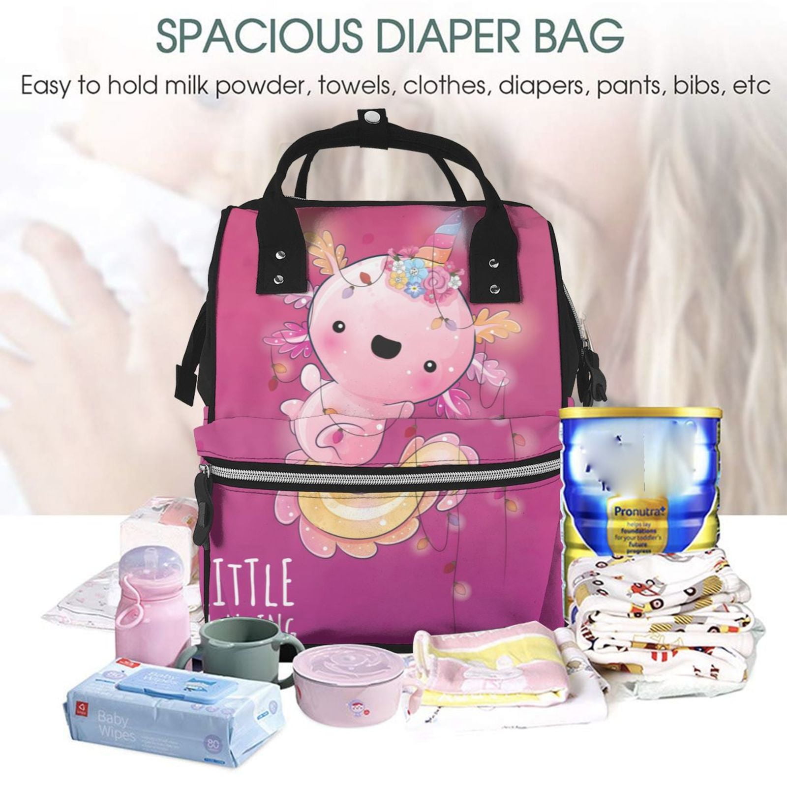 Ratiio Cute Pink Axolotl A Mummy Backpack - Waterproof Twill Canvas, Large Capacity Diaper Bag with Multiple Pockets and Adjustable Straps