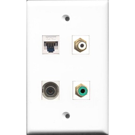 RiteAV 1 Port RCA White and 1 Port RCA Green and 1 Port 3.5mm and 1 Port Cat5e Ethernet White Wall Plate