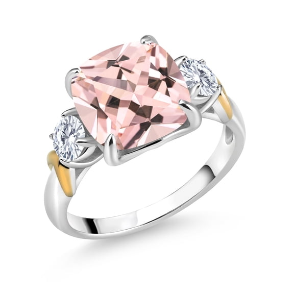 Gem Stone King 4.78 Cttw Peach Nano Morganite and Moissanite 3 Stone Ring for Women | 925 Silver and 10K Yellow Gold | Gemstone Birthstone | Cushion 10MM (Size 6)