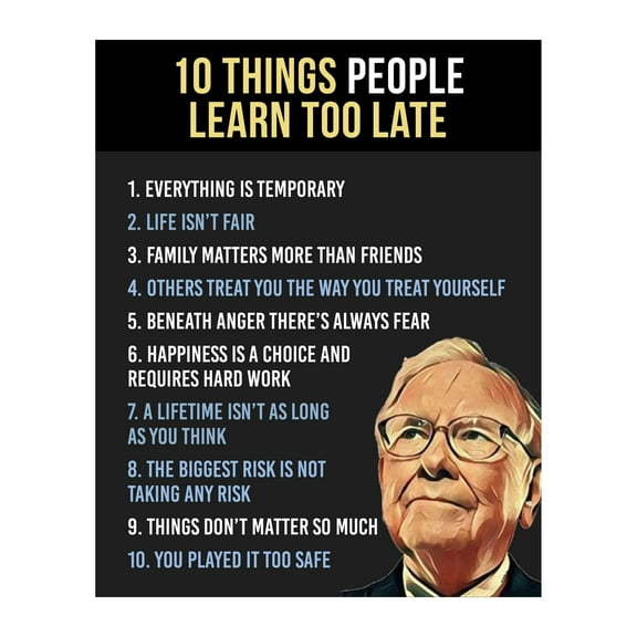 Warren Buffett Quotes- Ten Things People Learn Too Late- Motivational Wall Art Print with Silhouette Image, Inspirational Wall Decor For Home Decor