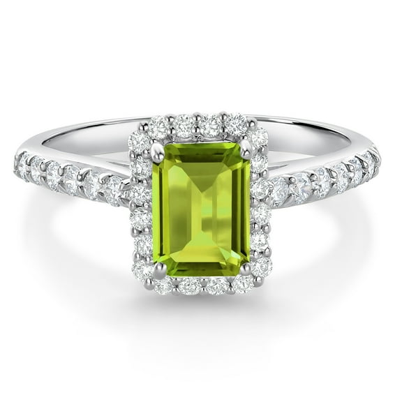 Gem Stone King 10K White Gold Green Peridot and White Lab Grown Diamond Halo Engagement Wedding Ring for Women (1.34 Cttw, Emerald Cut 7X5MM, Size 5)