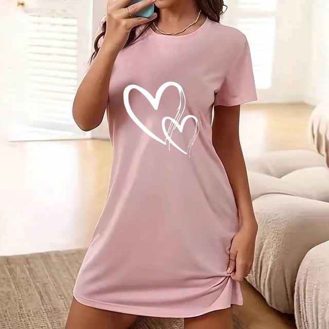 Shorts pour Femmes Grande Taille Saint-Valentin Imprimé Amour Chemise de Nuit Courte Col Rond Manches Courtes Chemise de Nuit Shorts Grande Taille pour Femmes
