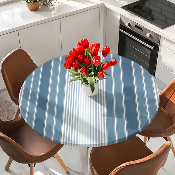 Haze Blue Striped Elastic Fitted Round Tablecloth Ombre Vertical Stripes Waterproof Outdoor Table Cover for Holiday Party, Picnic, Patio & Dining Fits Tables Up to 45"-54"