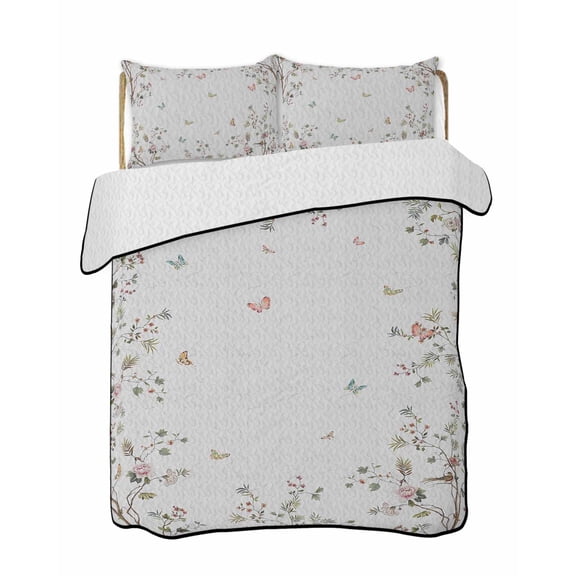 Vintage Botanical Summer Quilt Set King Size,Soft Quilted Bedding Set with 2 Pillow Shams,Spring Floral Botterfly Summer Flower Lightweight All Season Bedspread Coverlet for Bedroom 96"x106"