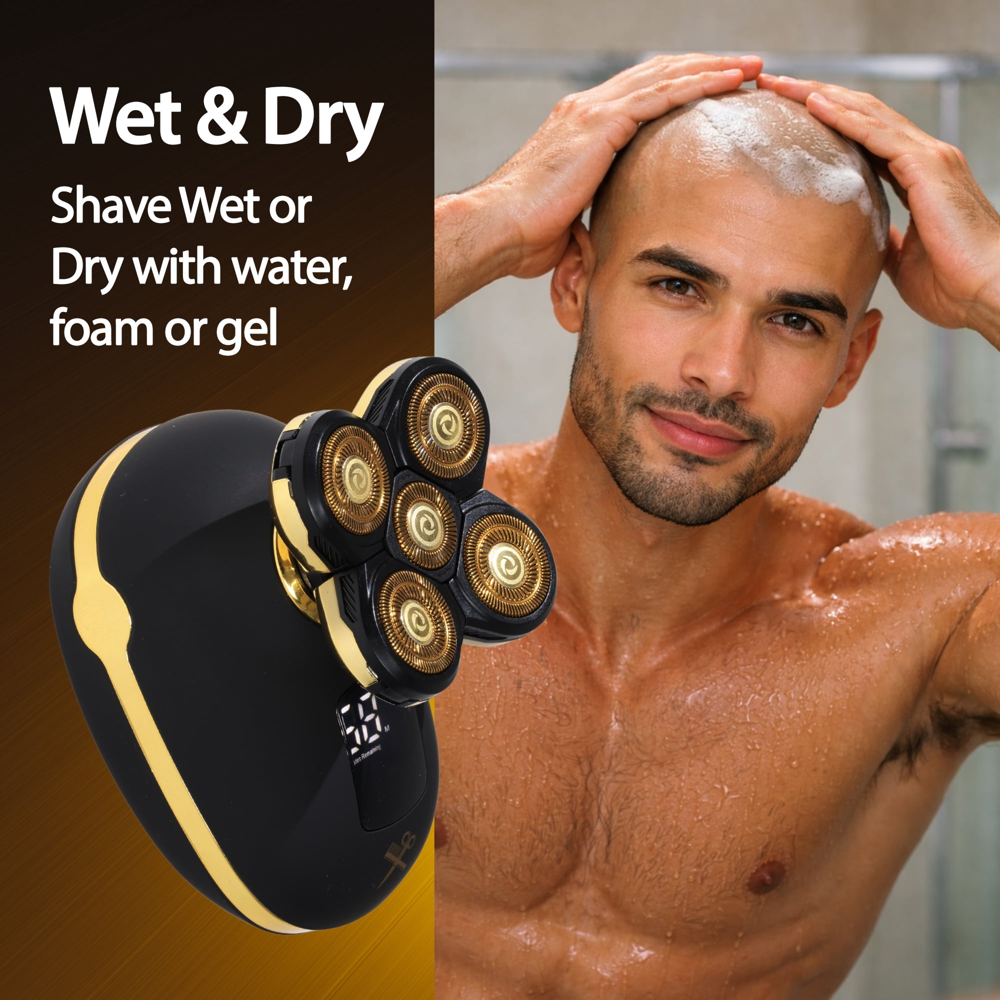 Cutting Edge Rechargeable Head Shaver for Men, 5 Pivoting Rotary Heads, Wet & Dry Waterproof Electric Head Razor, LCD Display, Hypoallergenic Titanium Coated Blades, USB Charging