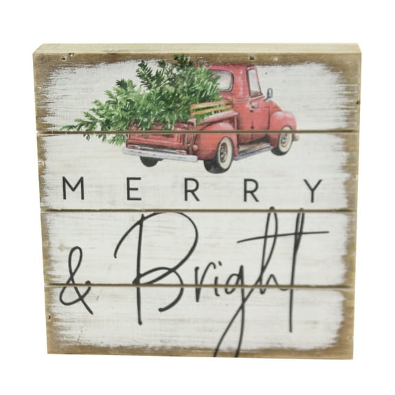 Christmas Merry & Bright Block Sign Wood Red Truck Tree Farmhouse Chic Pet1969
