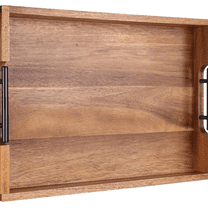 Acacia Wooden Serving Tray with Metal Handles 16.7 x 12.8 inch D rative Ottoman Tray for Living Room Coffee Table (Color Natural)