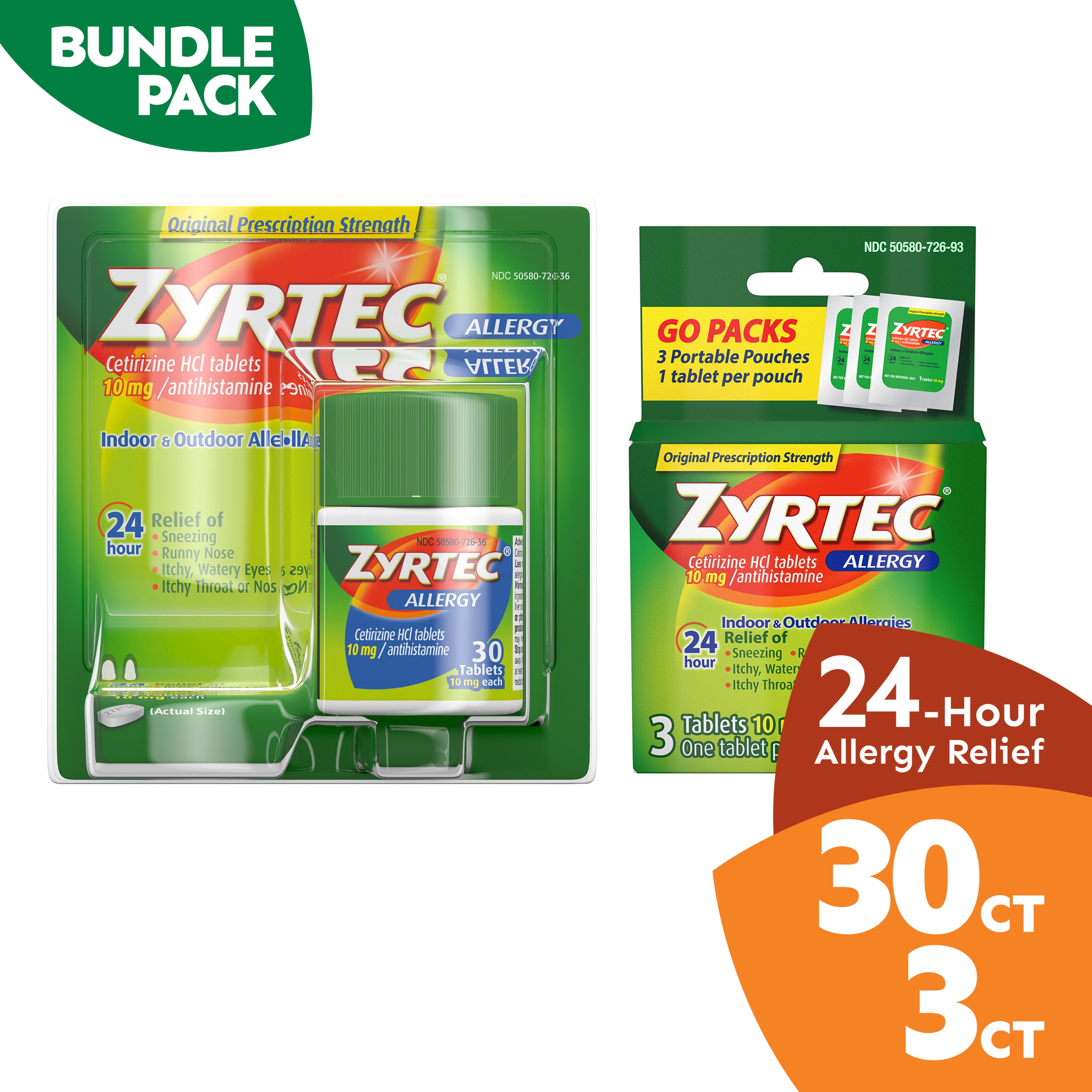Zyrtec 24 Hour Allergy Relief Tablets, 1 x 30ct & 3 x 1ct Travel Packs