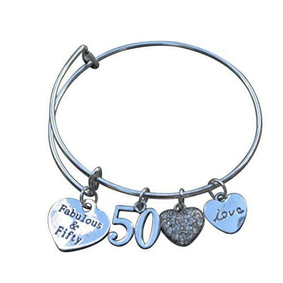 50th Birthday Gifts for Women, 50th Birthday Expandable Charm Bracelet, Adjustable Bangle, Perfect 50th Birthday Gift Ideas