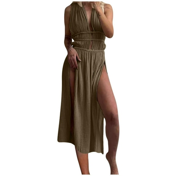 Yuzhih Womens Summer Dresses y Sleeveless V Neck Midi Dress Elastic Tie Waist Plain Split Club Party Dresses