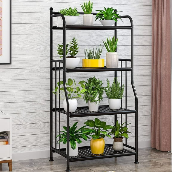 Plant Stand, 4 Tier Metal Plant Stand Flower Pots Holder Storage Shelf, Flower Stand Plant Display for Indoors and Outdoors, Metal, Black