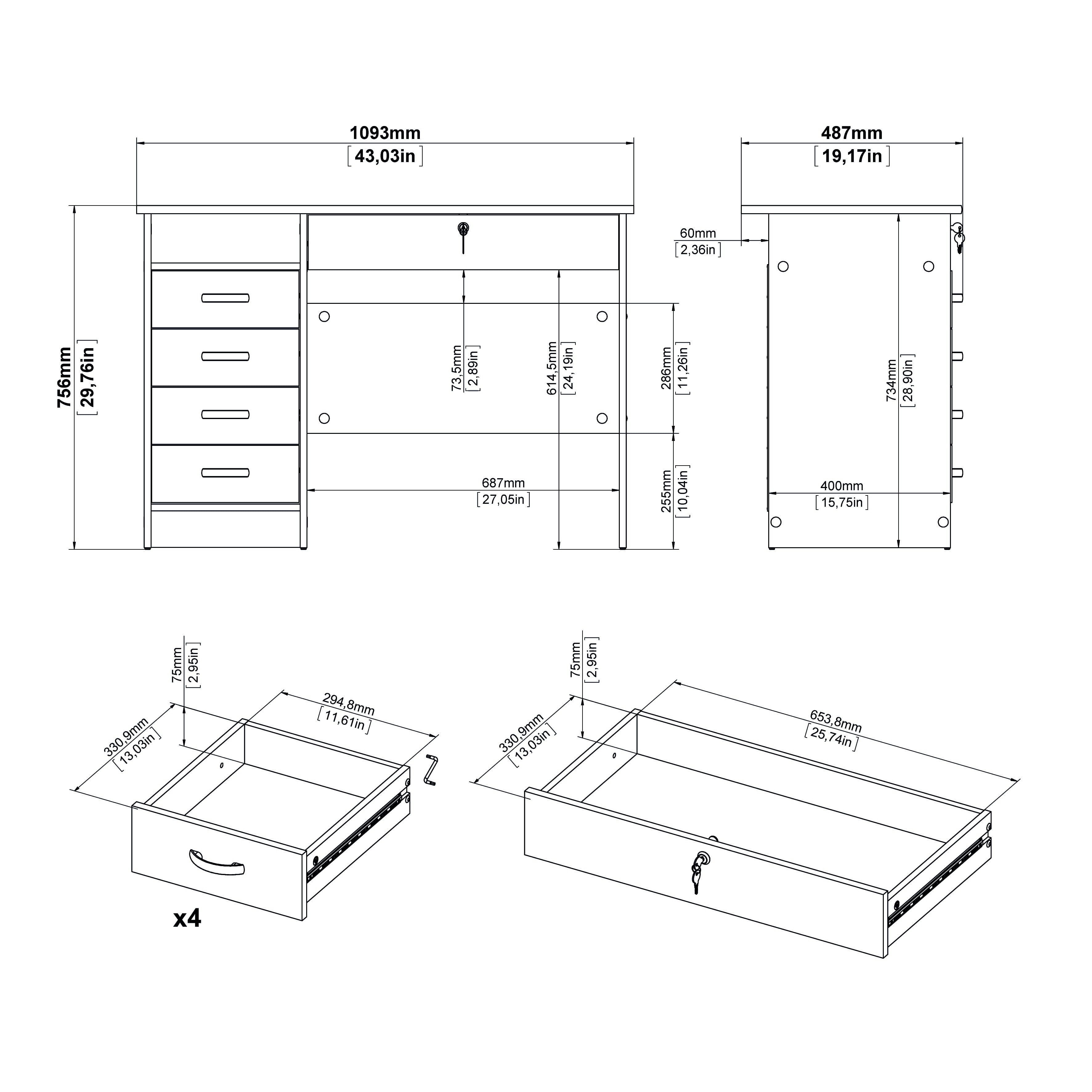 Tvilum Walden 5 Drawer Office Desk with 1 Locking Drawer for Adults, Black Woodgrain