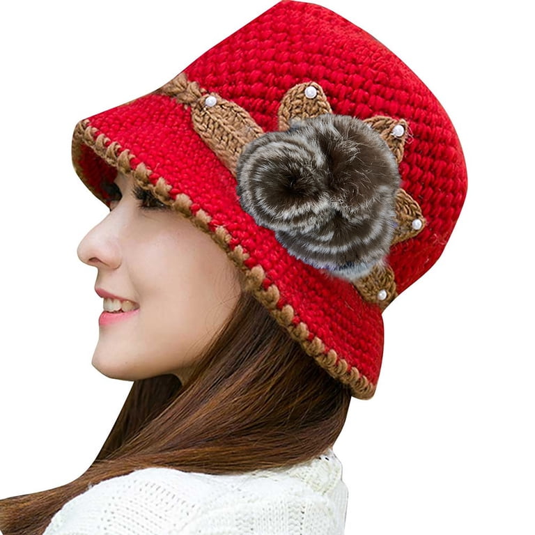 Women\'s Beautiful Style Crochet Red Flower Brim Knit Winter Warm Hat Cap Women\ main image 4