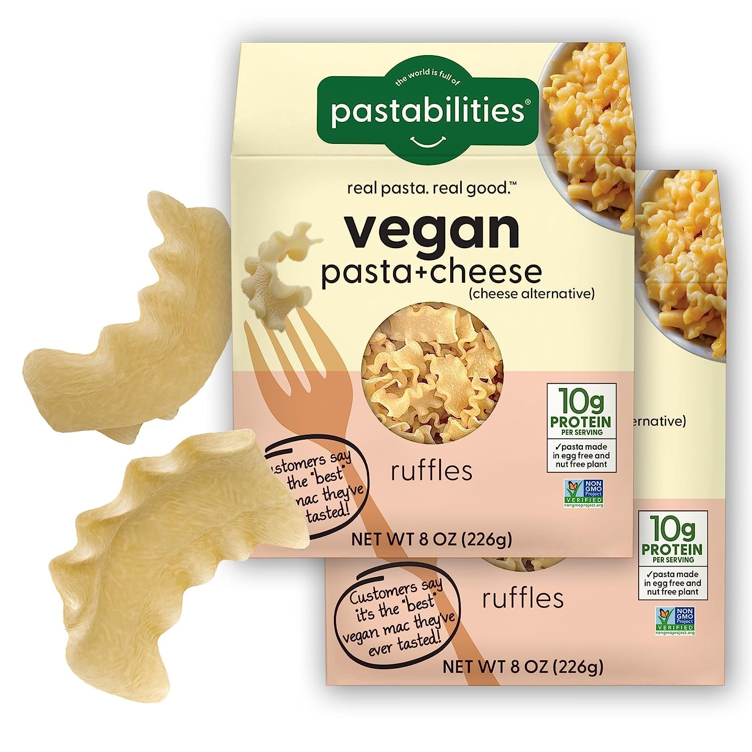 Pastabilities, Vegan Ruffles, Mac and Cheese 8 Ounce Boxes, Pack of 2 - Wheat Based Pasta, Delicious Taste, Non GMO, Vegan Pasta and Cheese, 10g of Protein