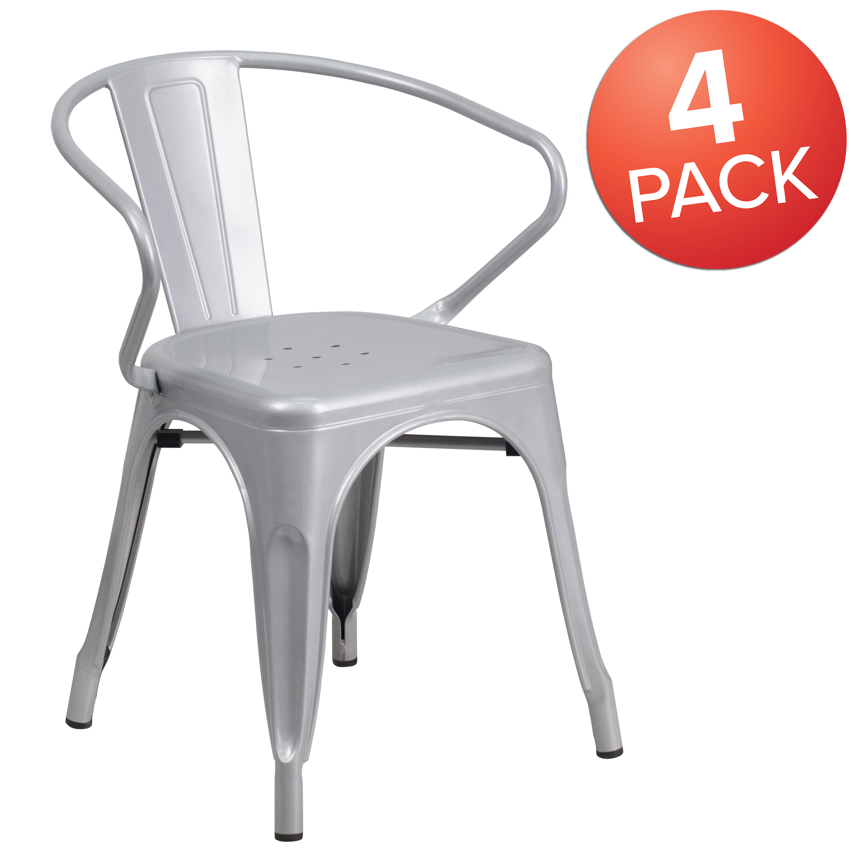 Flash Furniture Commercial Grade 4 Pack Silver Metal Indoor-Outdoor Chair with Arms - image 2 of 8