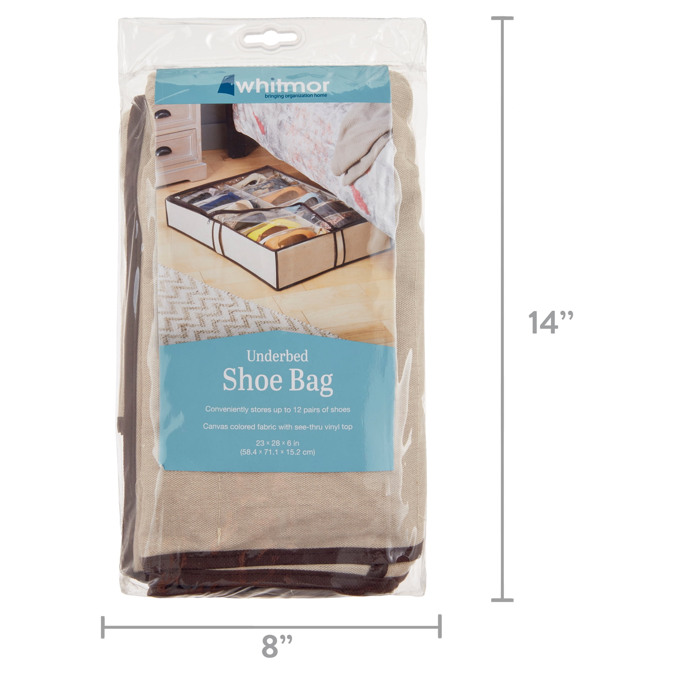 Whitmor 12-Section Polycotton Zippered Underbed Shoe Bag Organizer - Tan