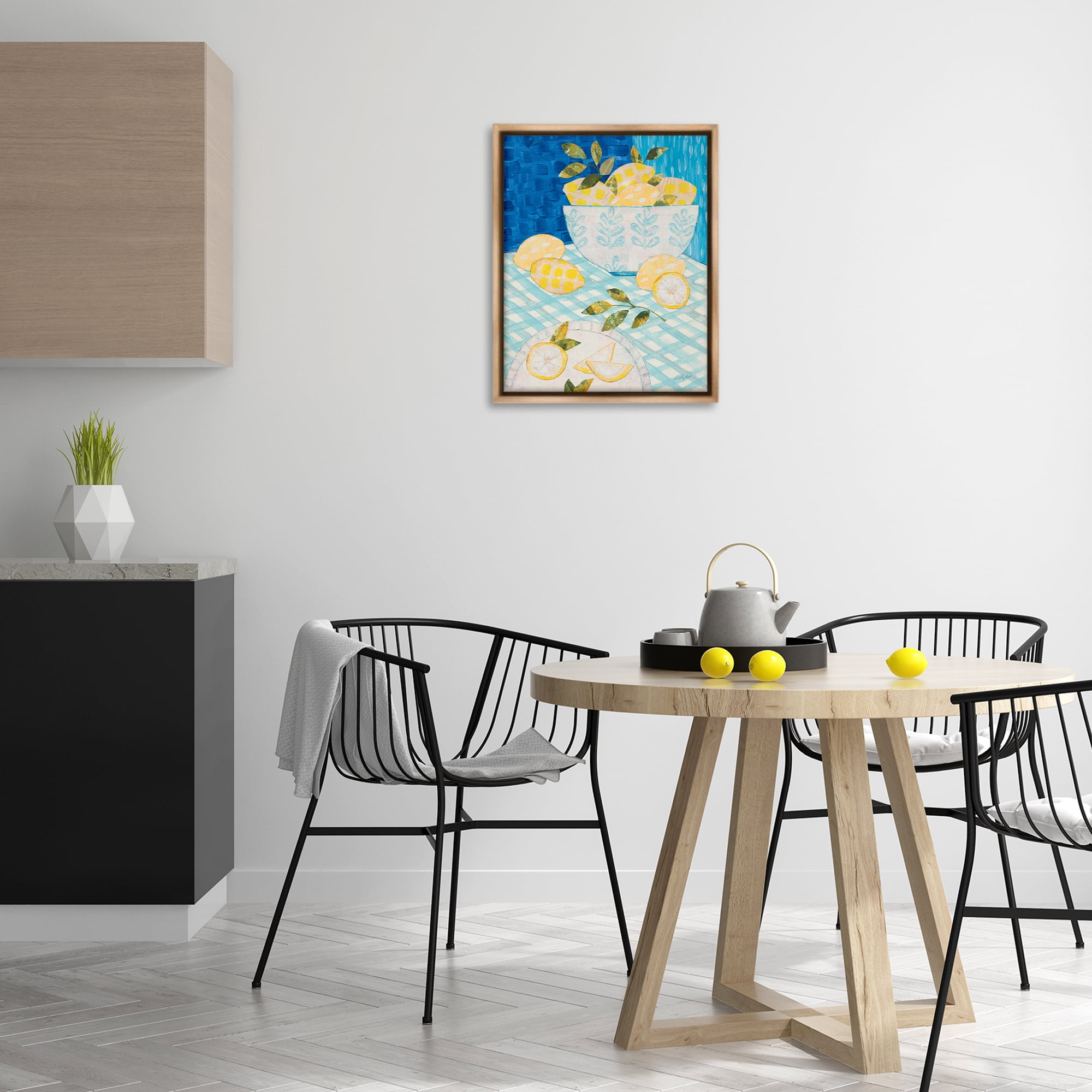 Stupell Industries Patterned Lemons Tablescape Food & Beverage Painting Brown Floater Framed Canvas Art Print Wall Art, 17 x 21