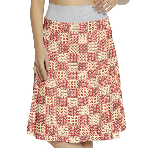 Women's Cabin Traditional Quilt Pattern A-line Printed Skirt Casual Wear, XL, Pale Yellow Turquoise, by Ambesonne