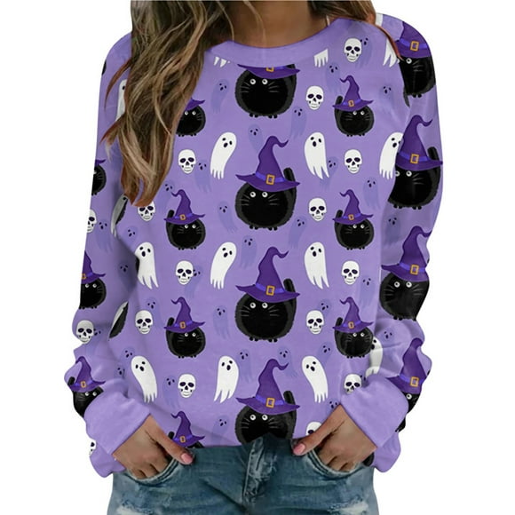 SUNSIOM Femmes Mode Sauvage Halloween Sweatshirts Crâne Fantôme Chat Citrouille Impression Col Rond Manches Longues Pulls Tops