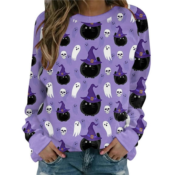 Sunisery Women's Halloween Graphic Sweatshirts, Cute Kawaii Ghost Pumpkin Pullover Crewneck Sweatshirt Tees Shirts