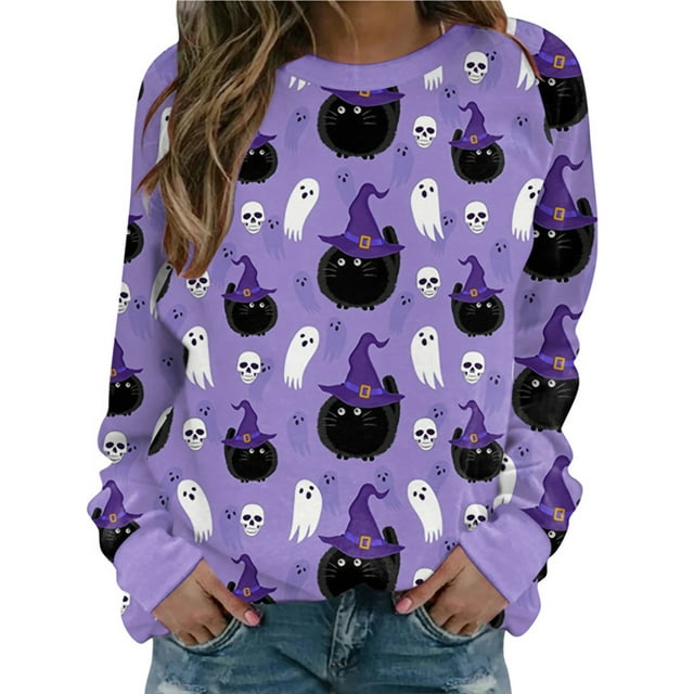 SUNSIOM Chandails en Molleton Mode Femme Halloween Sauvage Crâne Fantôme Chat Citrouille Imprimé Col Rond Manches Longues Pulls Tops
