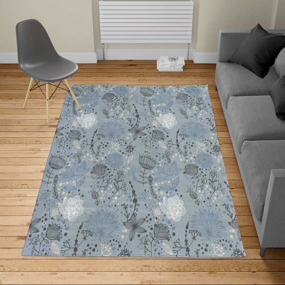 Floral Turkish Area Rug, Vintage Soft Greenery Dotted Background Nature Inspiration Image Art, Soft Carpet for Living Room Decor with Distressed Look, 6.6' X 9.6', Blue Grey, by Ambesonne